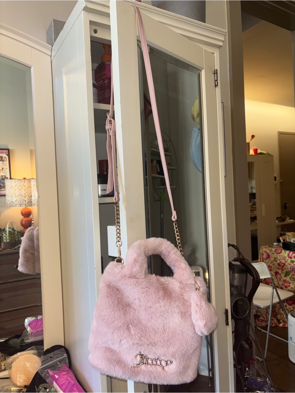 Juicy Couture Light Pink Faux Fur Shoulder Bag with Pom Pom